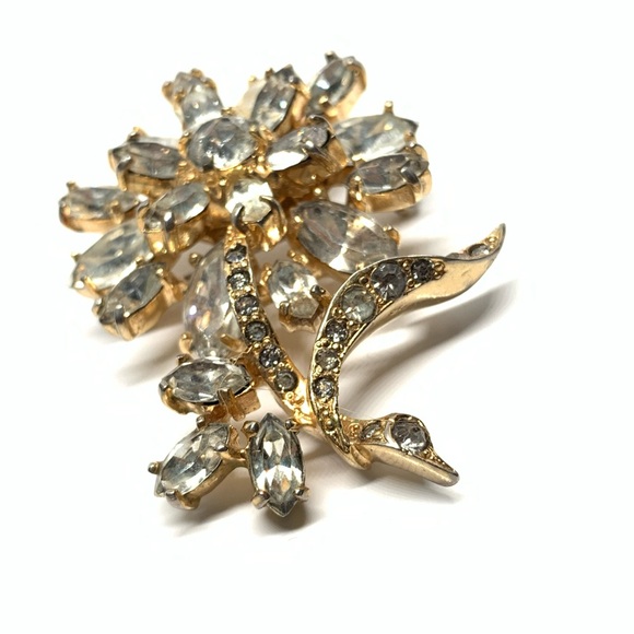 Vintage Original Eisenberg Goldtone Clear Rhinestone Flower Brooch - Picture 2 of 6